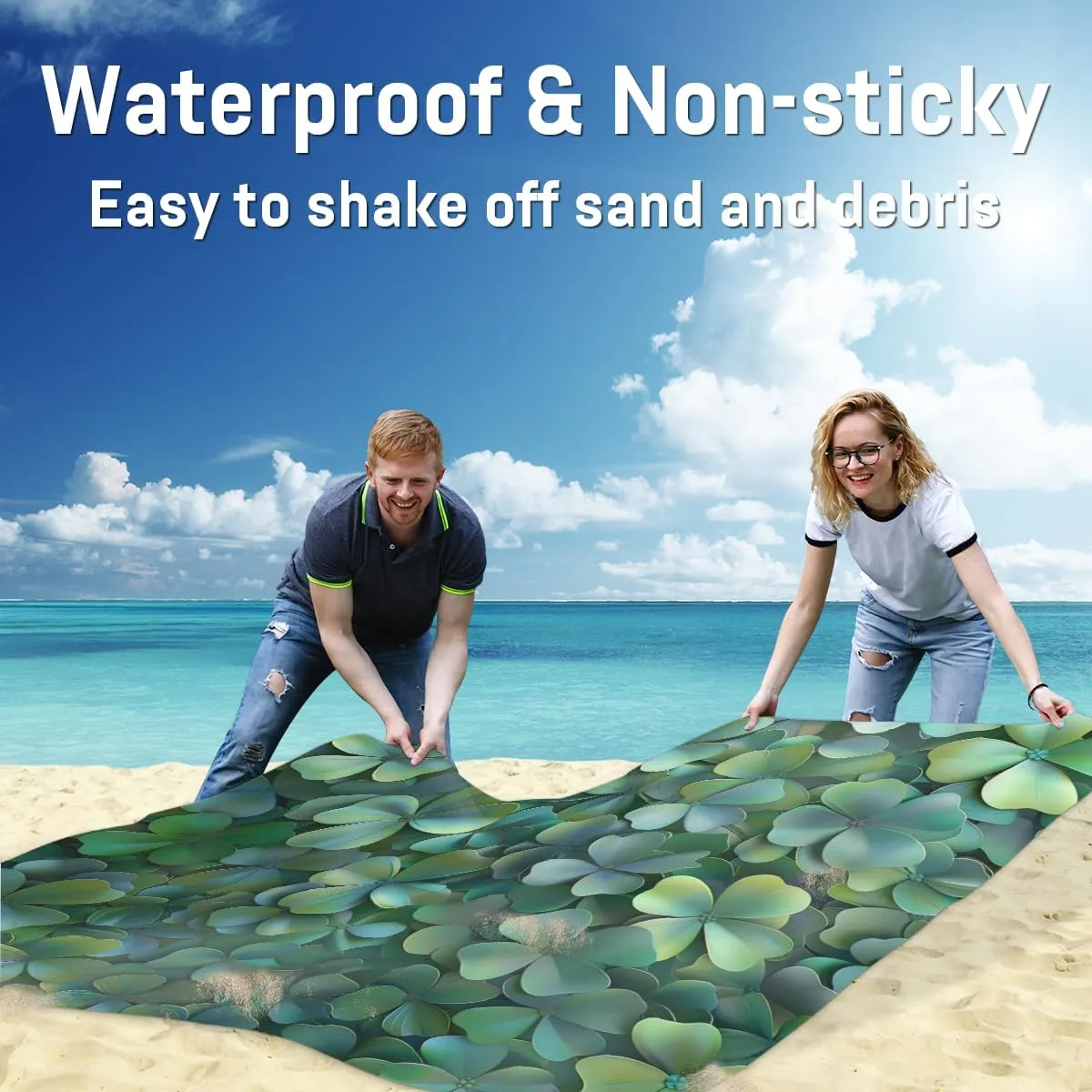 St Patricks Day Beach Blanket, Sandproof Beach Mat, Adults Waterproof Quick Drying Sand Free Mat with 4 x Ground Spikes for Outdoor Travel Camping Hiking, Green Clover Shamrock