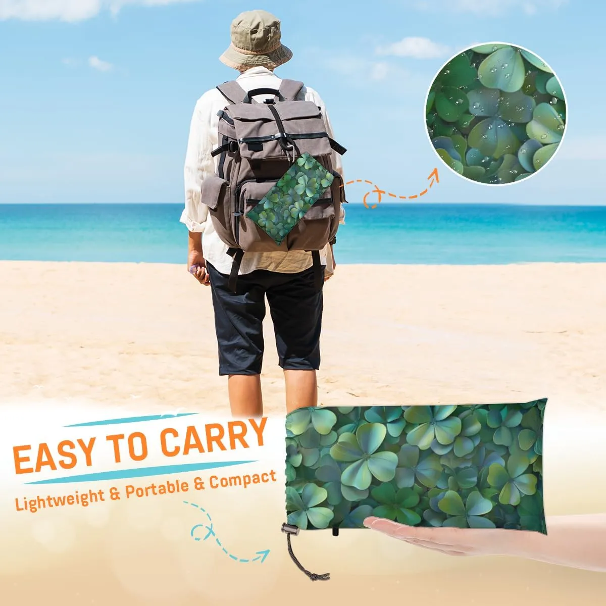 St Patricks Day Beach Blanket, Sandproof Beach Mat, Adults Waterproof Quick Drying Sand Free Mat with 4 x Ground Spikes for Outdoor Travel Camping Hiking, Green Clover Shamrock