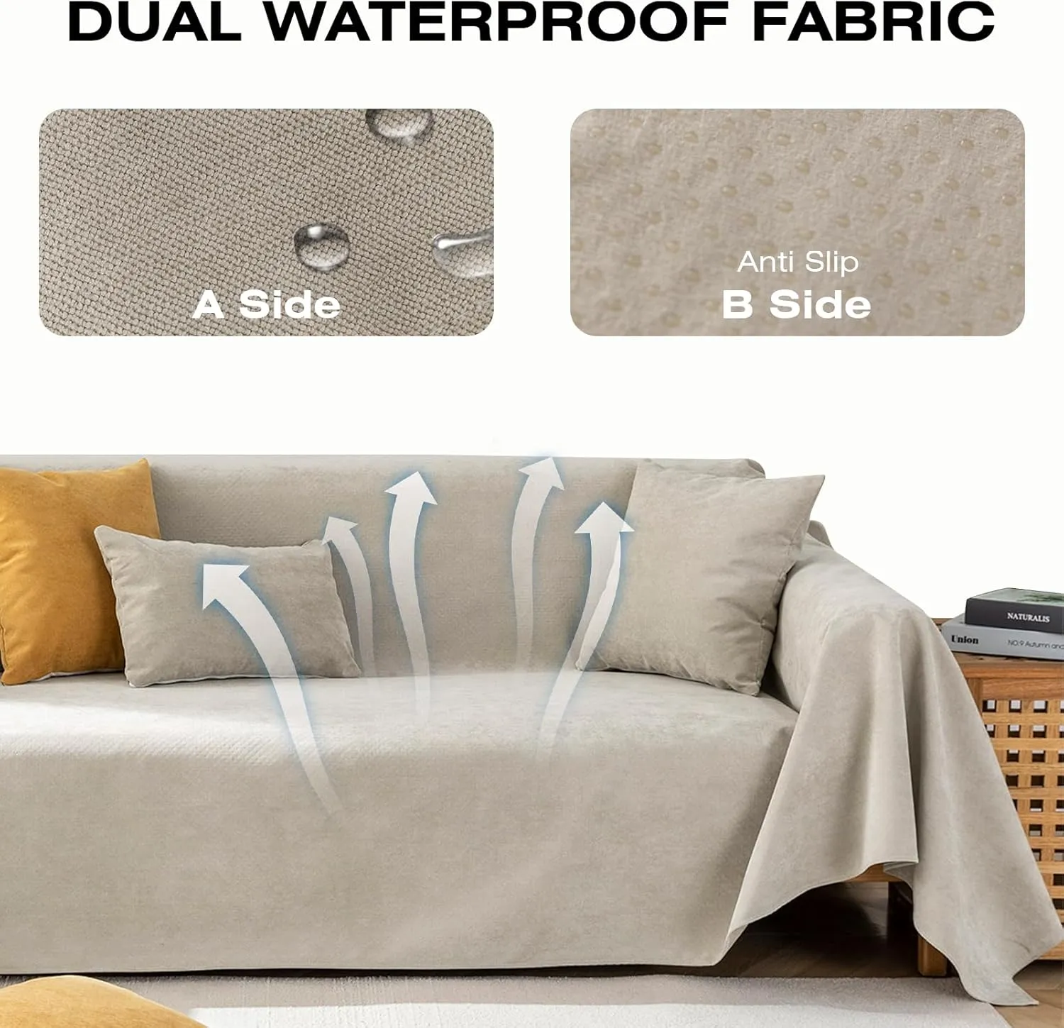 STACYPIK Waterproof Beige Sofa Cushion Covers Dog Couch Cover for 3-4 Cushion Couch Water Resistant Slipcover Furniture Protector Non-Slip Pet Protector Cover Leak Proof Couch Cover-71X134IN