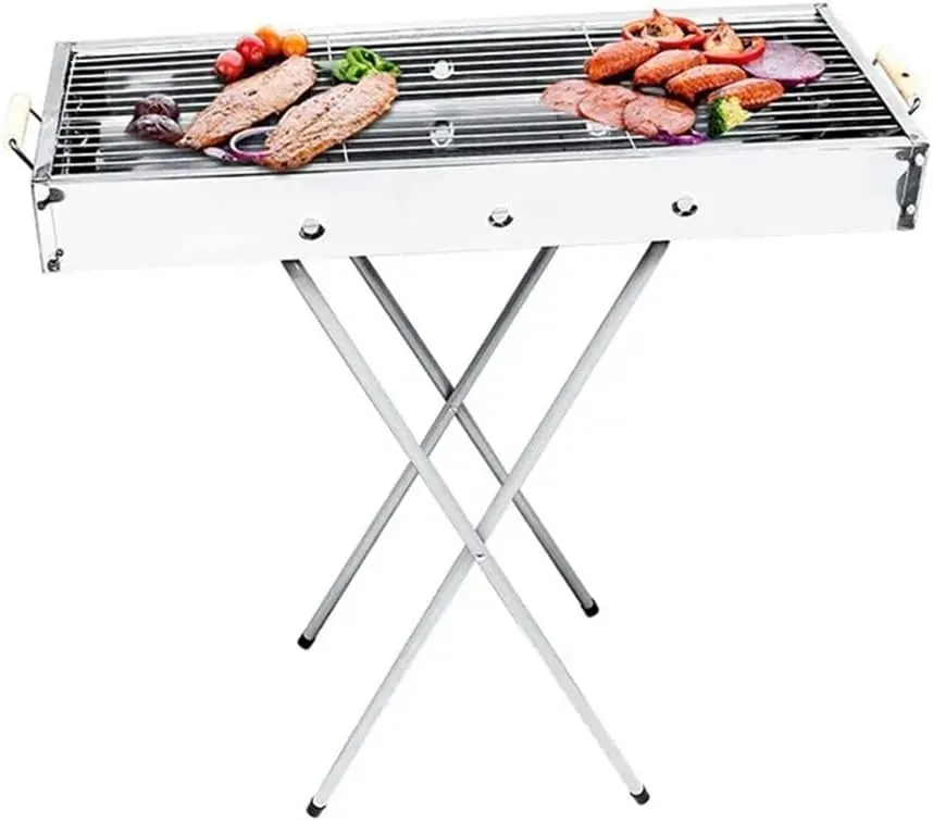 Stainless Steel Barbecue Stove With Fork Legs Wooden Handle, Charcoal BBQ Outdoor Barbecue Rack