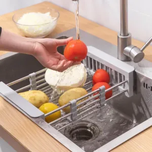 Stainless Steel Drain Basket, Dish Drying Rack Kitchen Sink Organizer, Over The Sink Dish Drying Rack, Retractable, Gray (Large)
