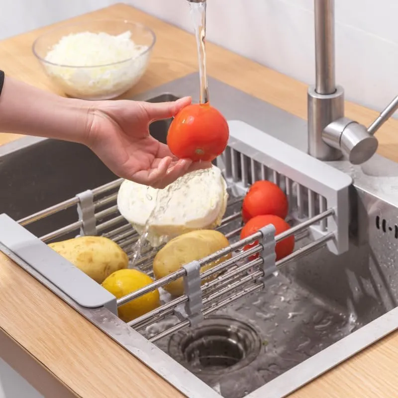 Stainless Steel Drain Basket, Dish Drying Rack Kitchen Sink Organizer, Over The Sink Dish Drying Rack, Retractable, Gray (Large)
