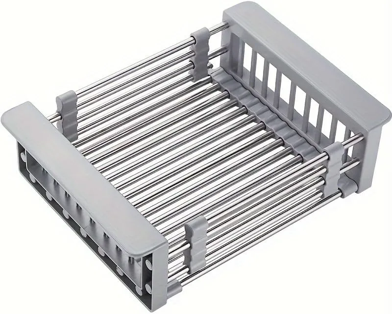 Stainless Steel Drain Basket, Dish Drying Rack Kitchen Sink Organizer, Over The Sink Dish Drying Rack, Retractable, Gray (Large)