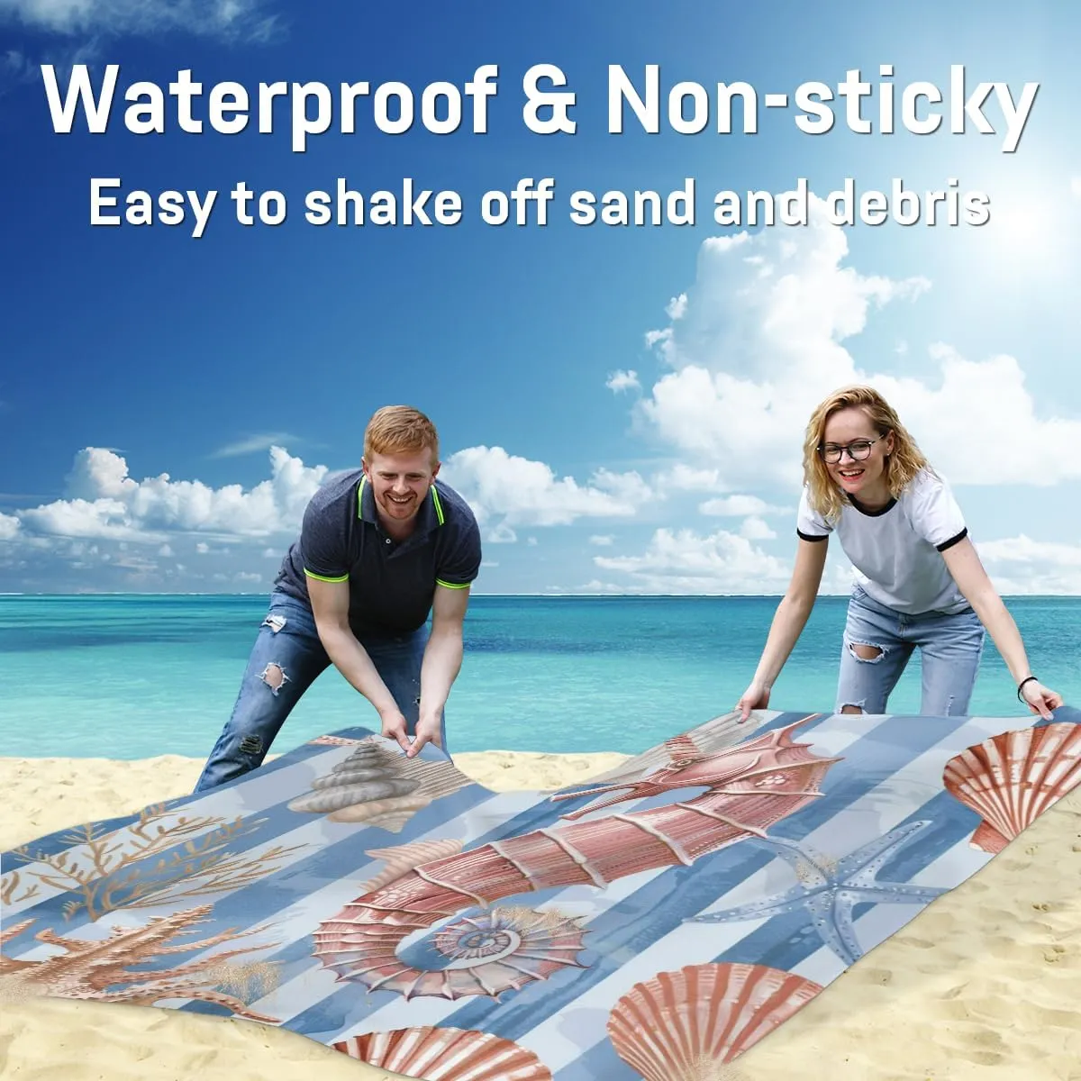 Starfish Shell and Seahorse Beach Blanket, Sandproof Beach Mat, Adults Waterproof Quick Drying Sand Free Mat with 4 x Ground Spikes for Outdoor Travel Camping Hiking, Beach Theme