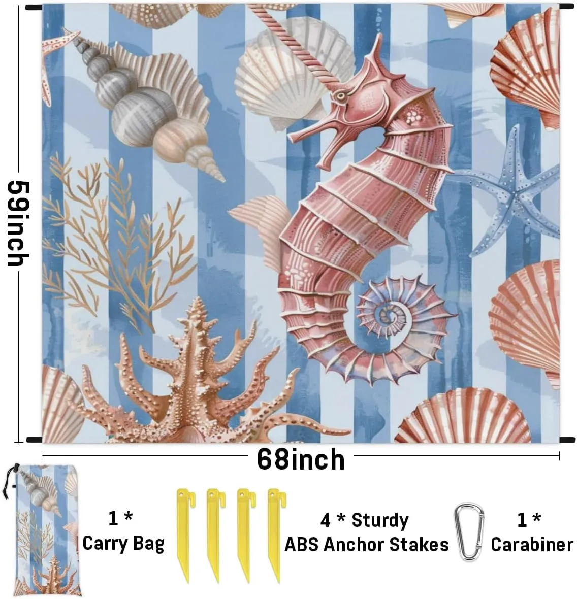 Starfish Shell and Seahorse Beach Blanket, Sandproof Beach Mat, Adults Waterproof Quick Drying Sand Free Mat with 4 x Ground Spikes for Outdoor Travel Camping Hiking, Beach Theme