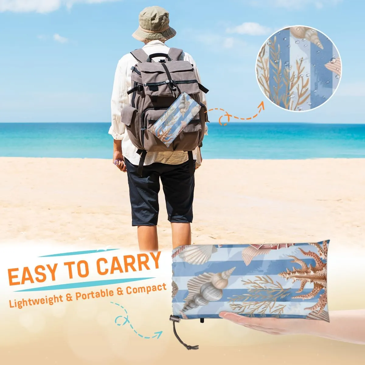 Starfish Shell and Seahorse Beach Blanket, Sandproof Beach Mat, Adults Waterproof Quick Drying Sand Free Mat with 4 x Ground Spikes for Outdoor Travel Camping Hiking, Beach Theme