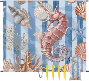 Starfish Shell and Seahorse Beach Blanket, Sandproof Beach Mat, Adults Waterproof Quick Drying Sand Free Mat with 4 x Ground Spikes for Outdoor Travel Camping Hiking, Beach Theme