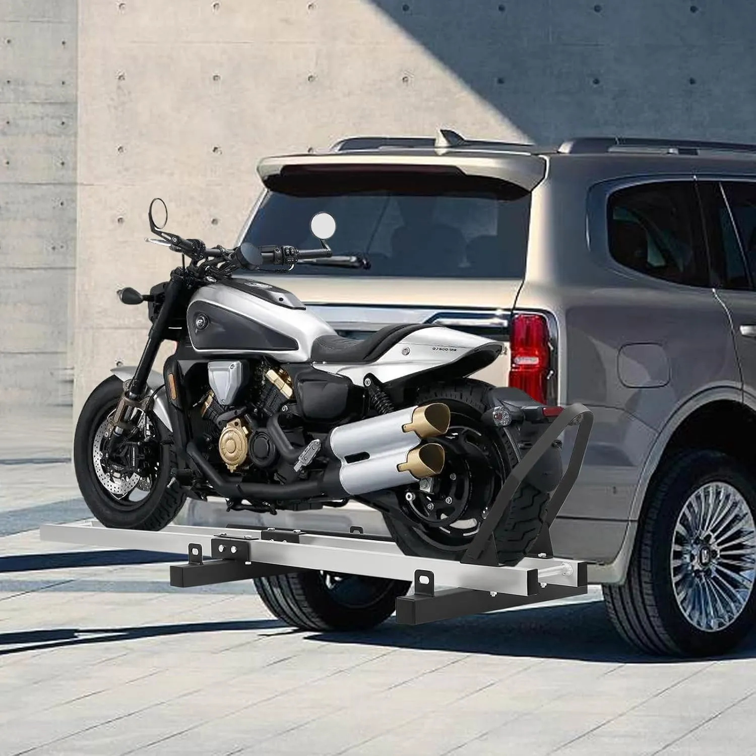 Steel Motorcycle Scooter Dirt Bike Carrier Hauler - Anti Tilt Hitch Mount Rack Ramp - Heavy Duty Motorcycle Mount for Trailer (400LBS with Straps Tire Limiter)