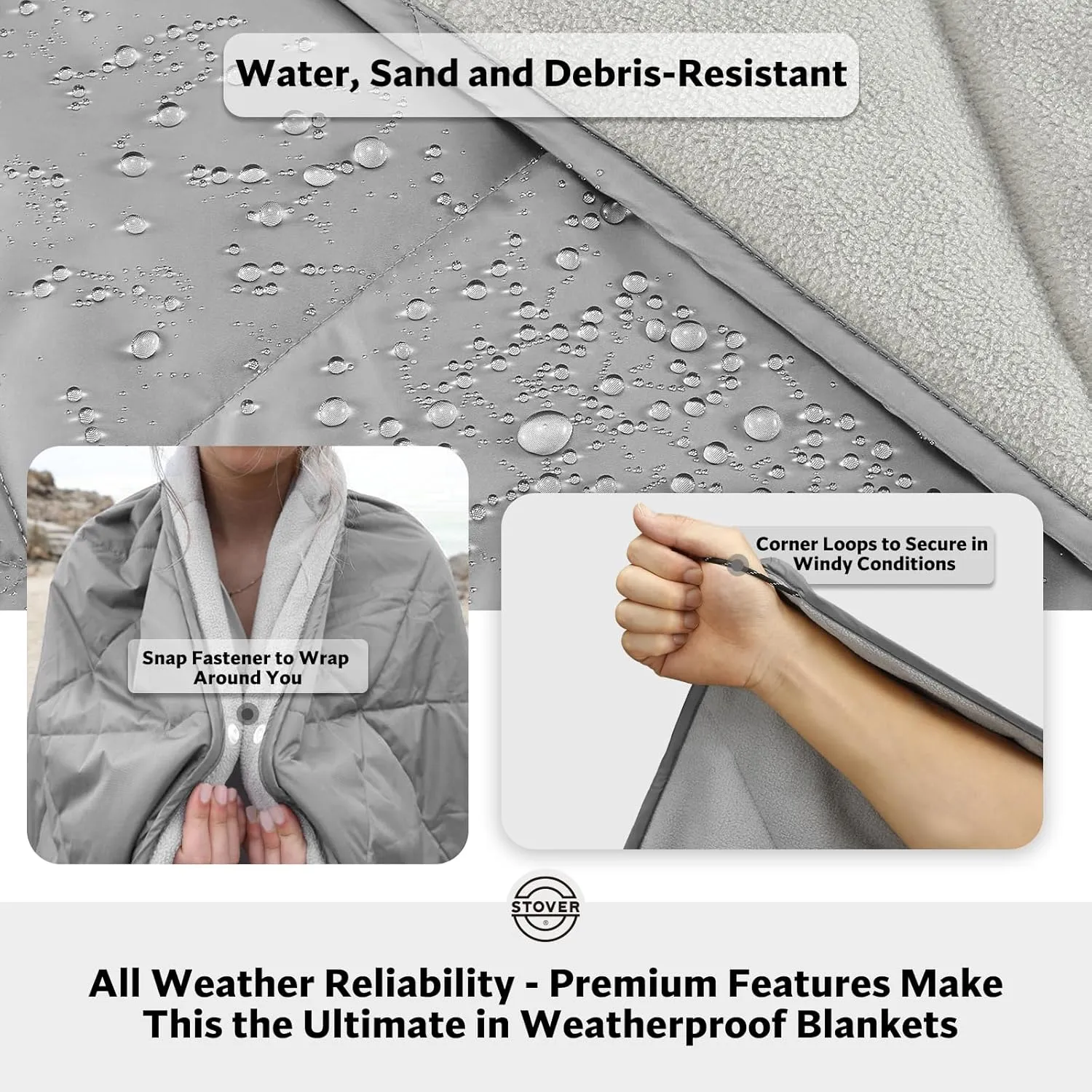 STOVER Outdoor Waterproof Fleece Travel Blanket for Camping, Picnics, Stadiums, Sports, The Beach– Warm, Windproof, Compact, Lightweight & Sand-Resistant (Gray)