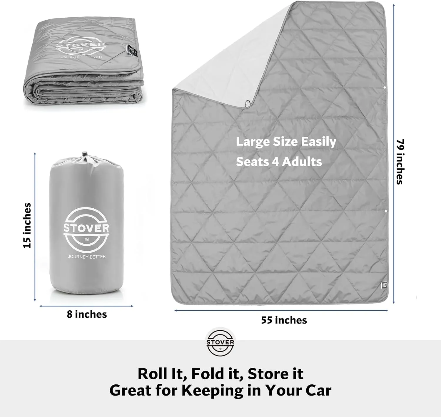 STOVER Outdoor Waterproof Fleece Travel Blanket for Camping, Picnics, Stadiums, Sports, The Beach– Warm, Windproof, Compact, Lightweight & Sand-Resistant (Gray)
