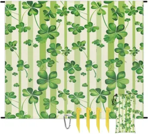 St.Patrick's Day Beach Blanket, Sandproof Beach Mat, Adults Waterproof Quick Drying Sand Free Mat with 4 x Ground Spikes for Outdoor Travel Camping Hiking, Spring Green Shamrock
