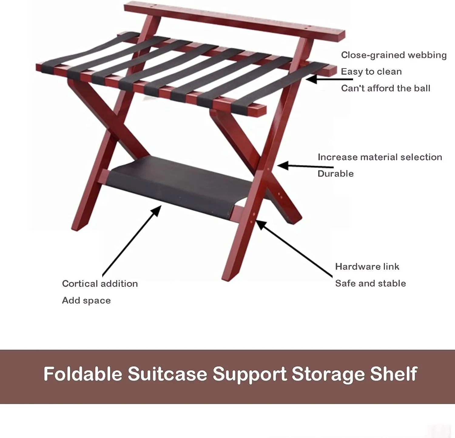 Suitcase Stand for Guest Room - Luggage Rack, Solid Wood Travel Bag Organizer, Hotel/Bedroom/Guest Room, Double Layer Luggage Rack with Backrest, Home Hotel Foldable Suitcase Rack,Red-1pcs