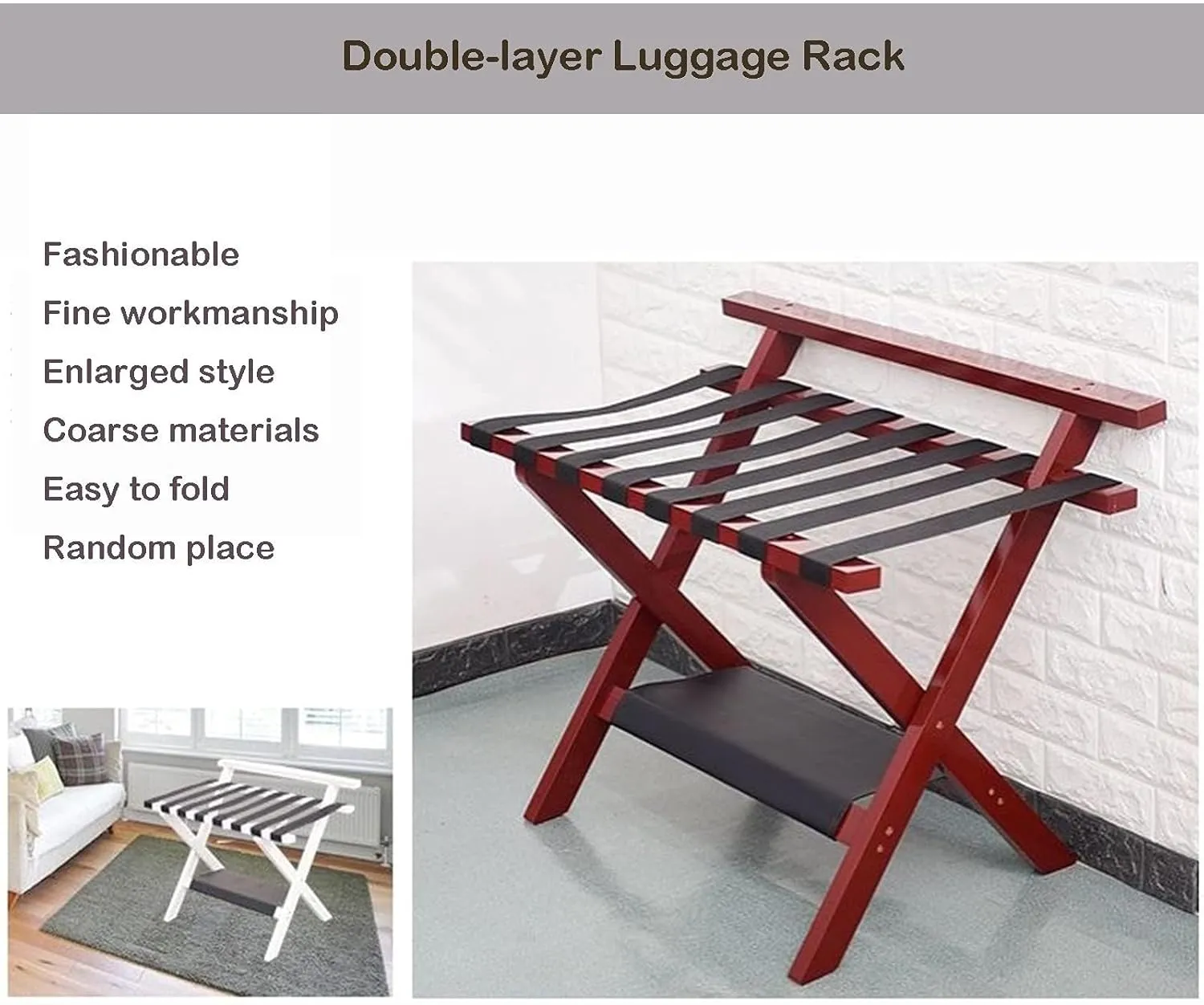 Suitcase Stand for Guest Room - Luggage Rack, Solid Wood Travel Bag Organizer, Hotel/Bedroom/Guest Room, Double Layer Luggage Rack with Backrest, Home Hotel Foldable Suitcase Rack,Red-1pcs