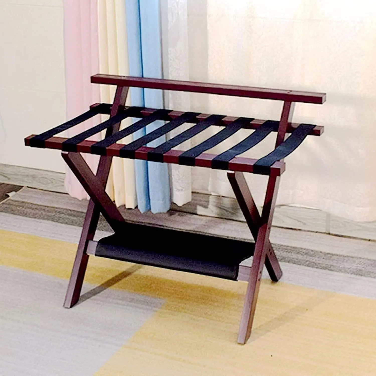 Suitcase Stand for Guest Room - Luggage Rack, Solid Wood Travel Bag Organizer, Hotel/Bedroom/Guest Room, Double Layer Luggage Rack with Backrest, Home Hotel Foldable Suitcase Rack,Red-1pcs