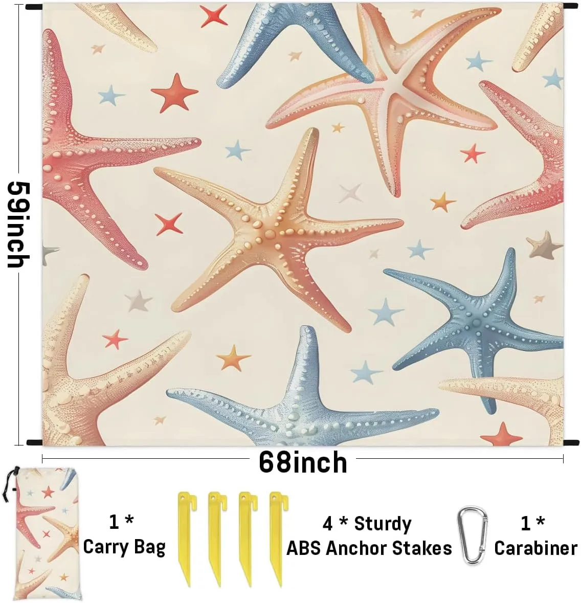 Summer Beach Starfish Beach Blanket, Sandproof Beach Mat, 68 x 59 Waterproof Quick Drying Sand Free Mat with 4 x Ground Spikes for Outdoor Travel Camping Hiking, Nautical