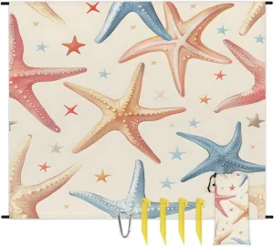 Summer Beach Starfish Beach Blanket, Sandproof Beach Mat, 68 x 59 Waterproof Quick Drying Sand Free Mat with 4 x Ground Spikes for Outdoor Travel Camping Hiking, Nautical