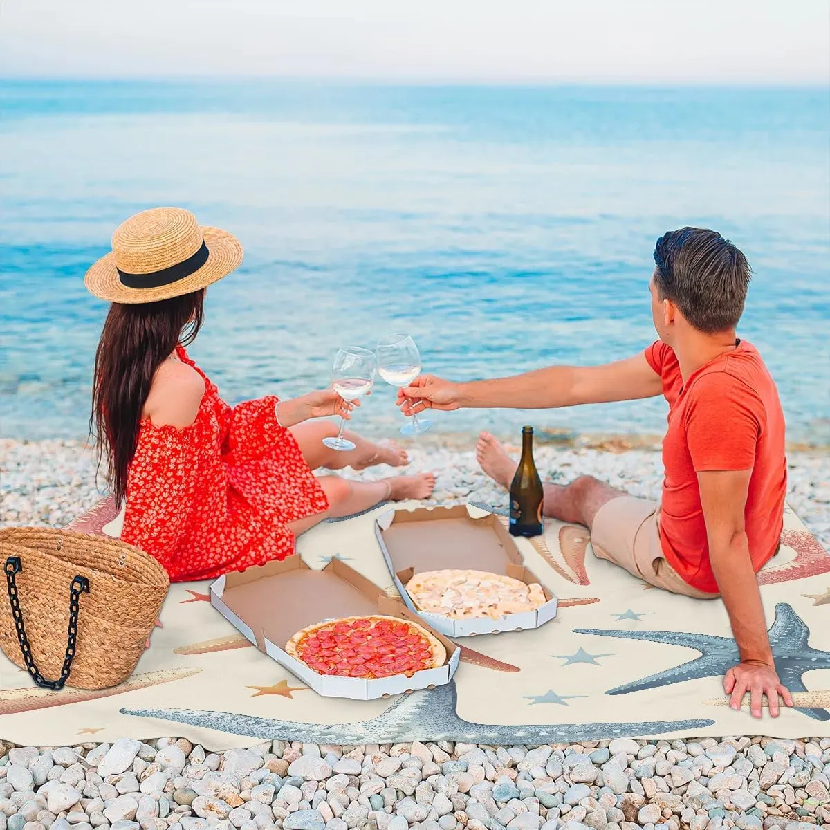 Summer Beach Starfish Beach Blanket, Sandproof Beach Mat, 68 x 59 Waterproof Quick Drying Sand Free Mat with 4 x Ground Spikes for Outdoor Travel Camping Hiking, Nautical