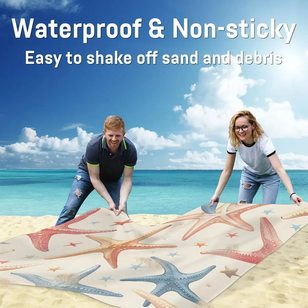 Summer Beach Starfish Beach Blanket, Sandproof Beach Mat, 68 x 59 Waterproof Quick Drying Sand Free Mat with 4 x Ground Spikes for Outdoor Travel Camping Hiking, Nautical