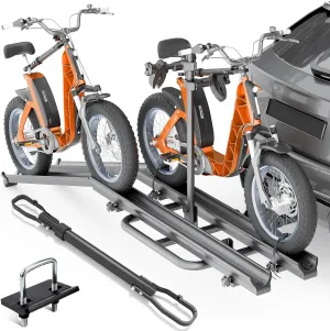 SUORTO 2 EBike Rack with Cross Bar, 5" Fat Tire Carrier, 200 LBS Capacity Electric Bike Racks with Ramp, Foldable & Lockable Bicycle Racks Platform, Fits 2" Standard Hitch for SUVs Cars Trucks Vans