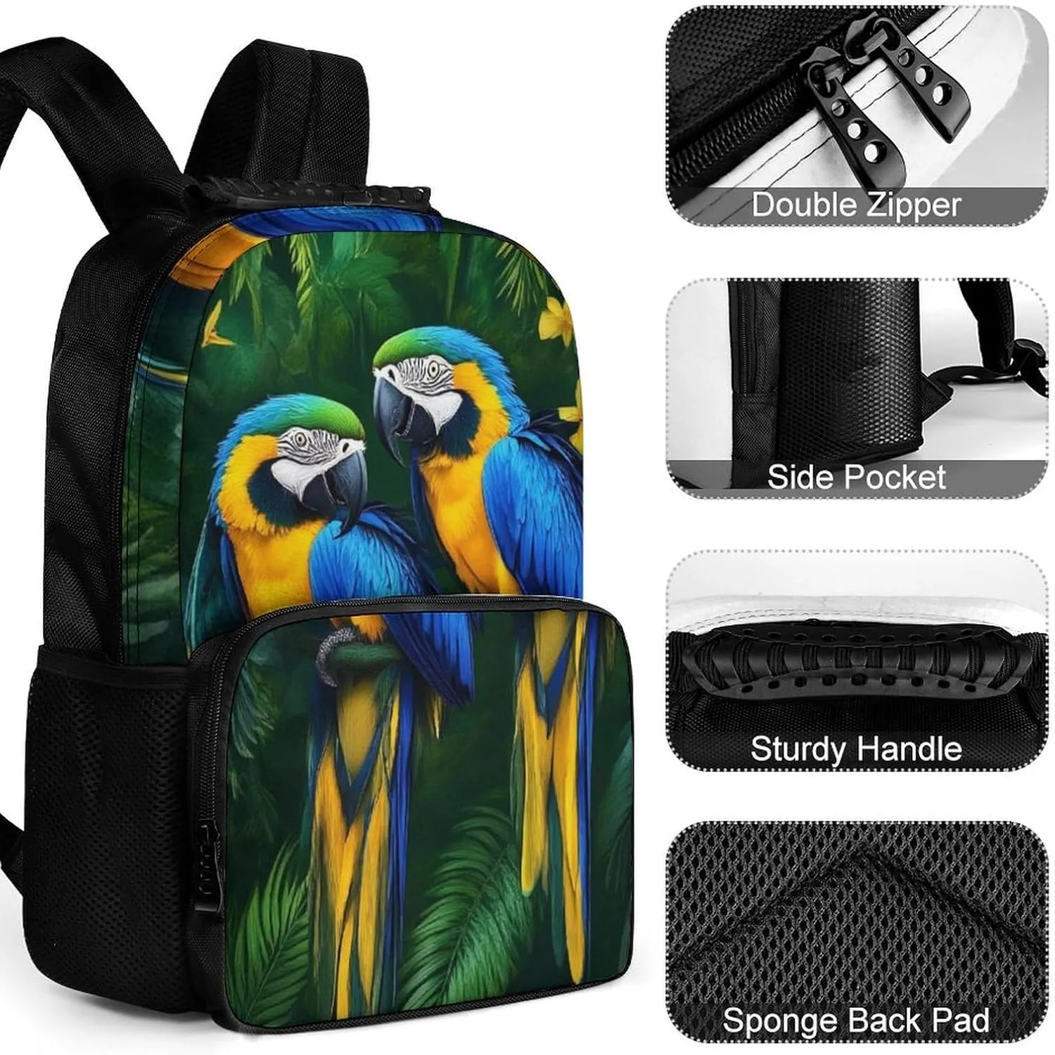 Supdreamc Adults Lightweight Parrots Art Rucksacks Large Capacity Bookbag With Adjustable Shoulder Straps for Trekking Outdoors Bicycle