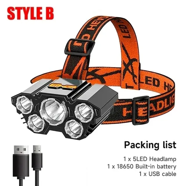 Super Bright Rechargeable LED Head Flashlight, Built-in 18650 Battery, Headlamp for Outdoor Camping, Fishing, and Adventure