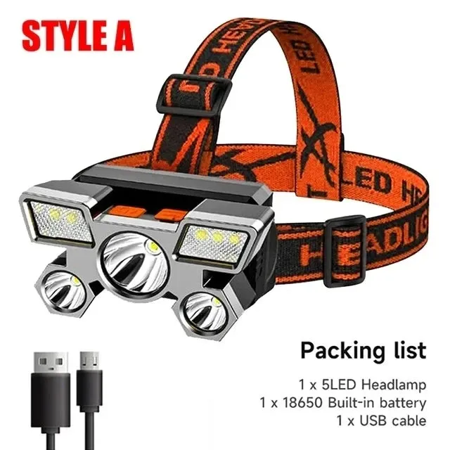 Super Bright Rechargeable LED Head Flashlight, Built-in 18650 Battery, Headlamp for Outdoor Camping, Fishing, and Adventure