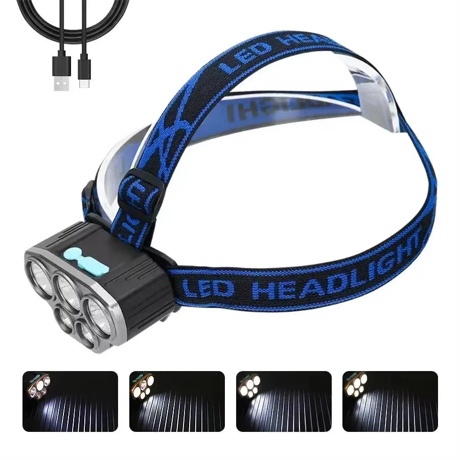 Super Bright Rechargeable LED Head Flashlight, Built-in 18650 Battery, Headlamp for Outdoor Camping, Fishing, and Adventure