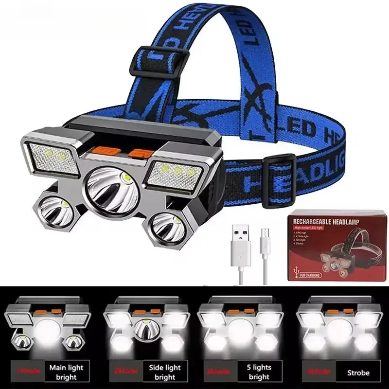 Super Bright Rechargeable LED Head Flashlight, Built-in 18650 Battery, Headlamp for Outdoor Camping, Fishing, and Adventure
