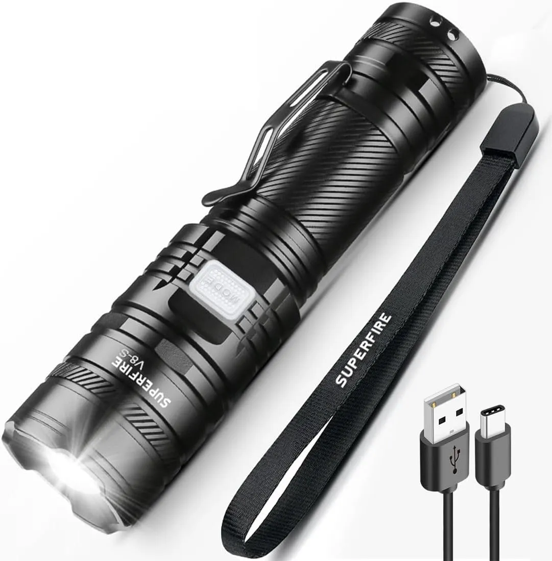 SuperFire Tactical Flashlight - 2300 Lumens Father's Day Gifts for Dad, Rechargeable with 5 Modes & Clip, for Mechanics, Hiking, Emergency, Home Use (V8-S)