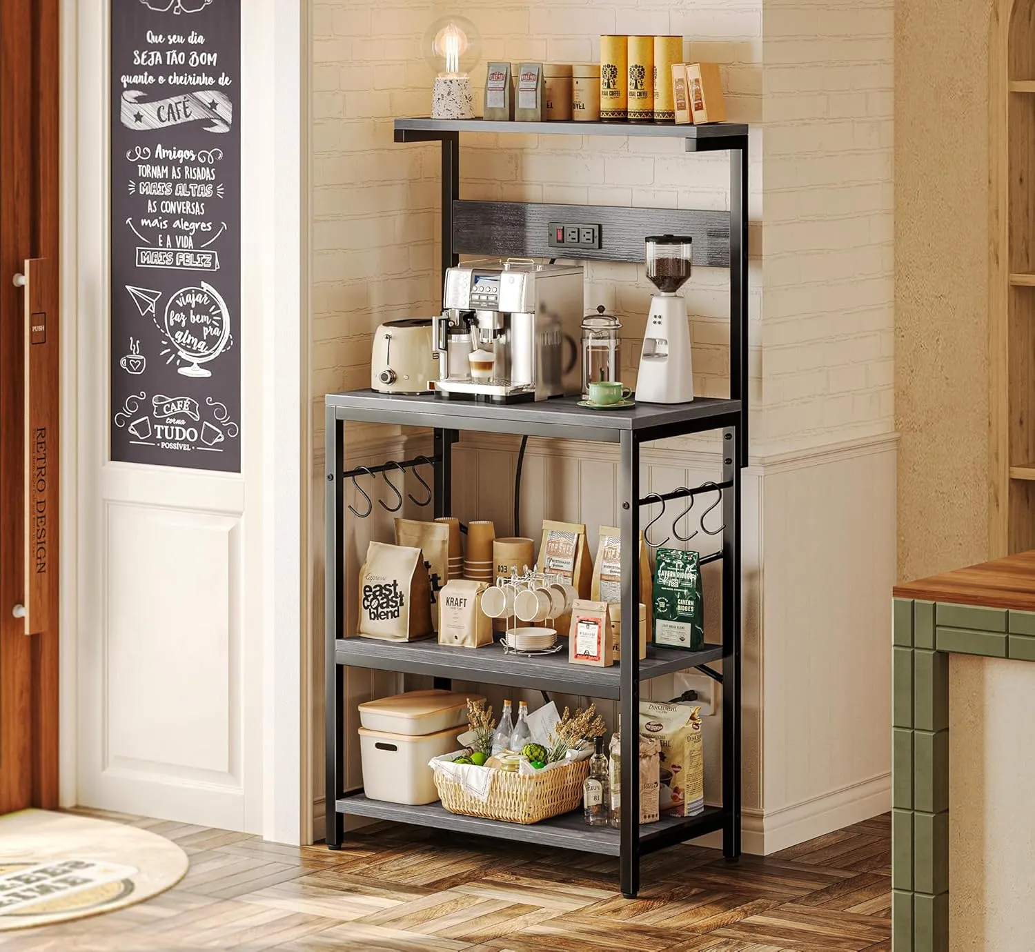 SUPERJARE Kitchen Bakers Rack with Power Outlet, Coffee Bar Table 4 Tiers, Kitchen Microwave Stand with 6 S-Shaped Hooks, Storage Shelf Rack for Spices, Pots and Pans - Charcoal Gray