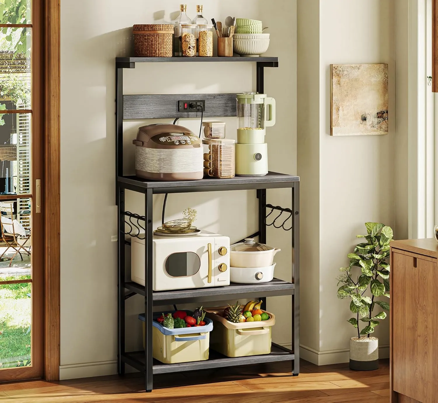 SUPERJARE Kitchen Bakers Rack with Power Outlet, Coffee Bar Table 4 Tiers, Kitchen Microwave Stand with 6 S-Shaped Hooks, Storage Shelf Rack for Spices, Pots and Pans - Charcoal Gray