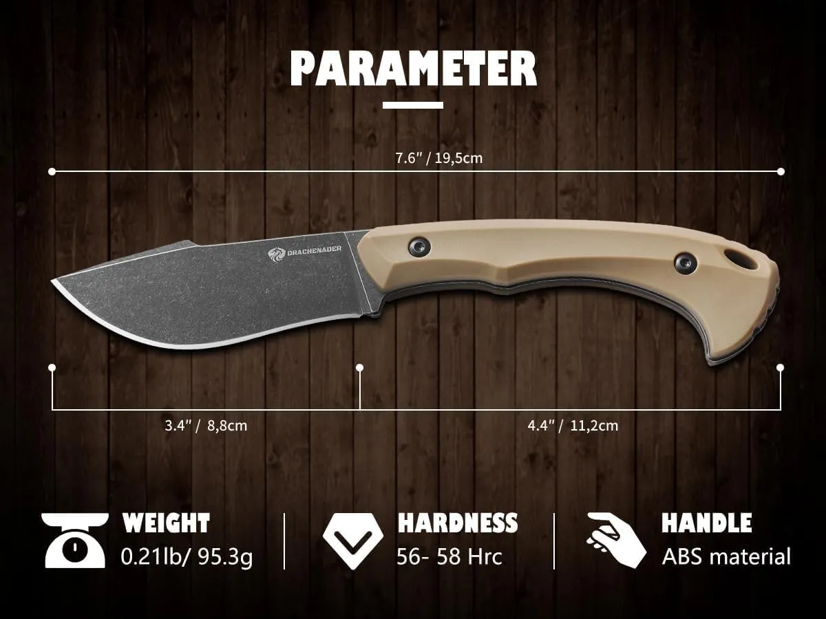 Survival Knife with Fire Starter L-Y, 7.68" Full Tang Small Fixed Blade Knife with Belt Clip, Khaki   Stonewashed Black
