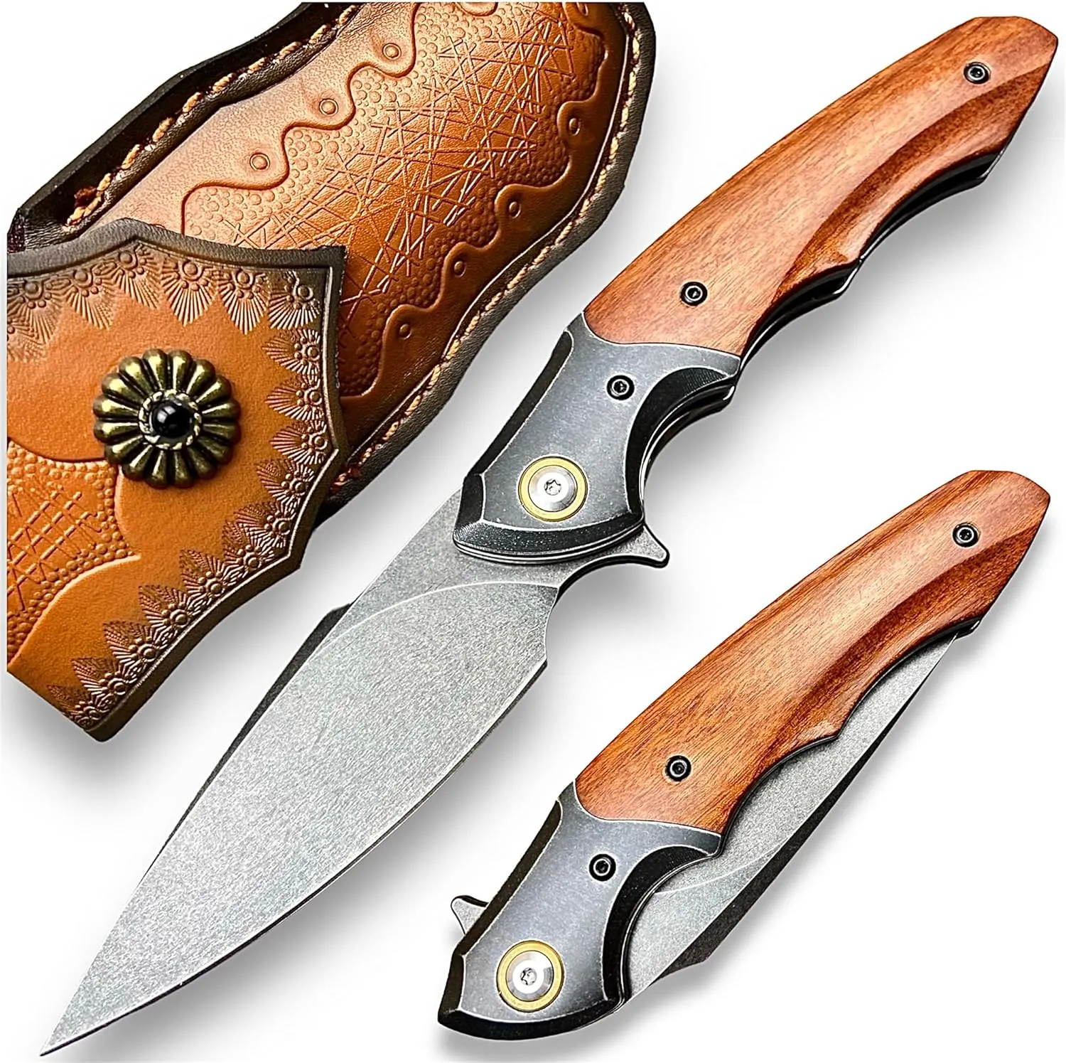 TACTICAL GEARZ Premium EDC Pocket Folding Knife, VG10 Stonewashed Steel Blade, Sandalwood Handle (Vulcan)