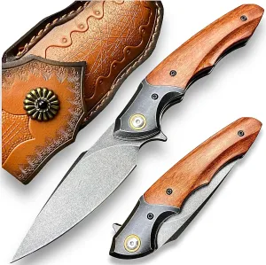 TACTICAL GEARZ Premium EDC Pocket Folding Knife, VG10 Stonewashed Steel Blade, Sandalwood Handle (Vulcan)