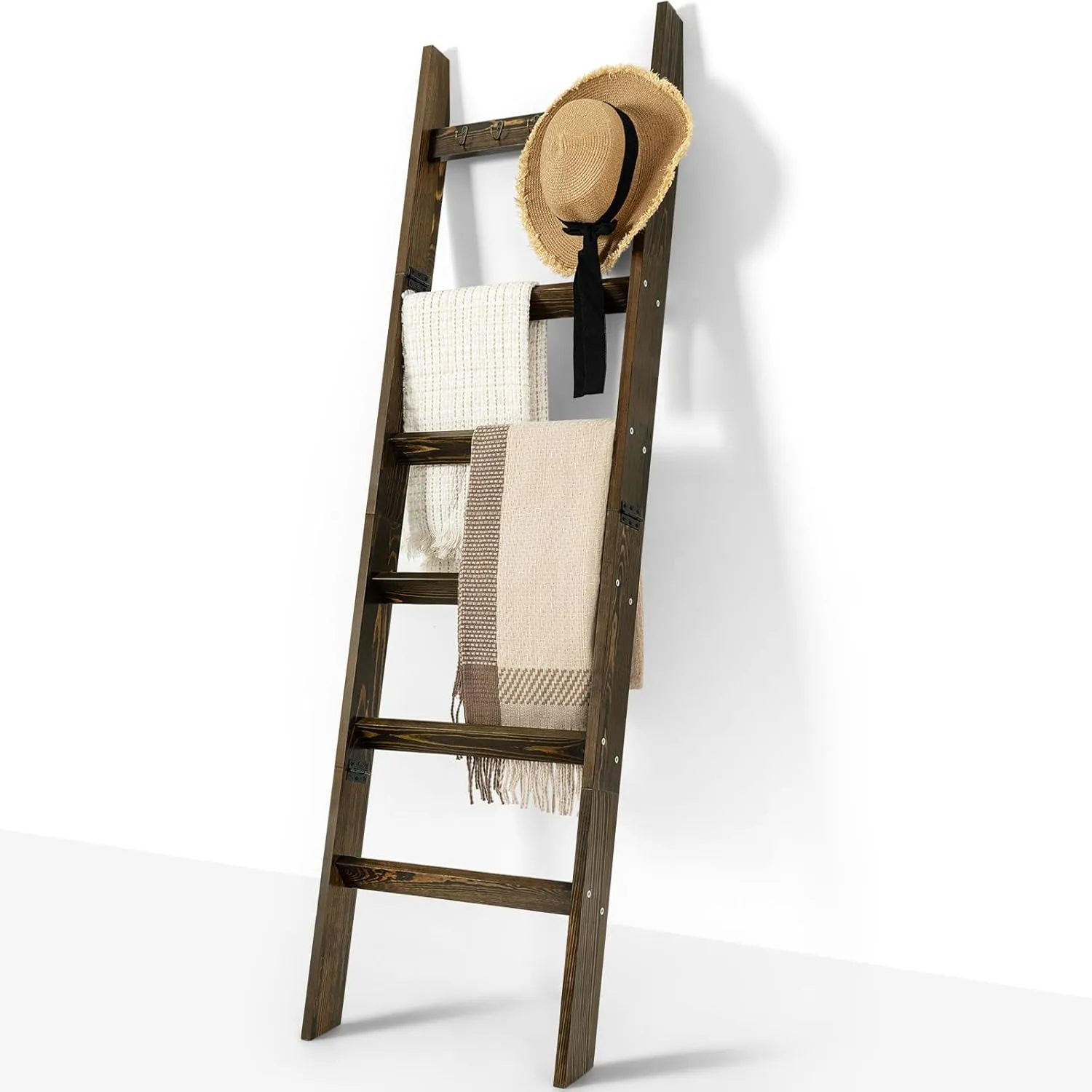 TEAKMAMA 6-Tier Blanket Ladder for Living Room and Bedroom,5.4 Ft Wall Leaning Quilt Rack with Hooks,Rustic Decorative Farmhouse Blanket Storage,Stylish Ladder Holder,Easy to Assemble,Rustic Brown