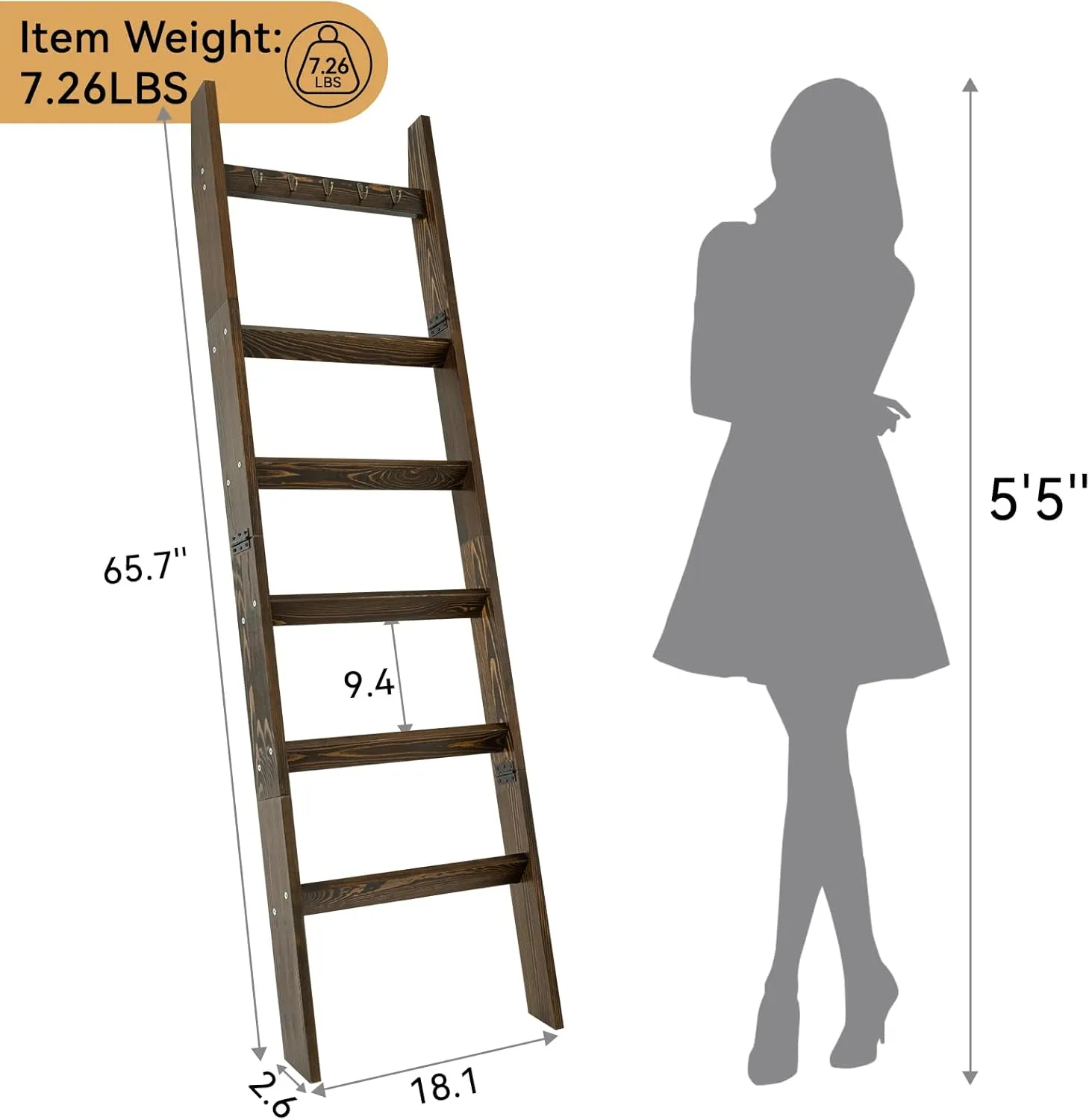 TEAKMAMA 6-Tier Blanket Ladder for Living Room and Bedroom,5.4 Ft Wall Leaning Quilt Rack with Hooks,Rustic Decorative Farmhouse Blanket Storage,Stylish Ladder Holder,Easy to Assemble,Rustic Brown