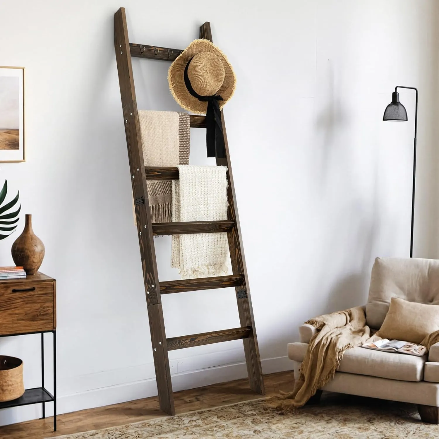 TEAKMAMA 6-Tier Blanket Ladder for Living Room and Bedroom,5.4 Ft Wall Leaning Quilt Rack with Hooks,Rustic Decorative Farmhouse Blanket Storage,Stylish Ladder Holder,Easy to Assemble,Rustic Brown