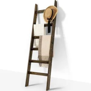 TEAKMAMA 6-Tier Blanket Ladder for Living Room and Bedroom,5.4 Ft Wall Leaning Quilt Rack with Hooks,Rustic Decorative Farmhouse Blanket Storage,Stylish Ladder Holder,Easy to Assemble,Rustic Brown