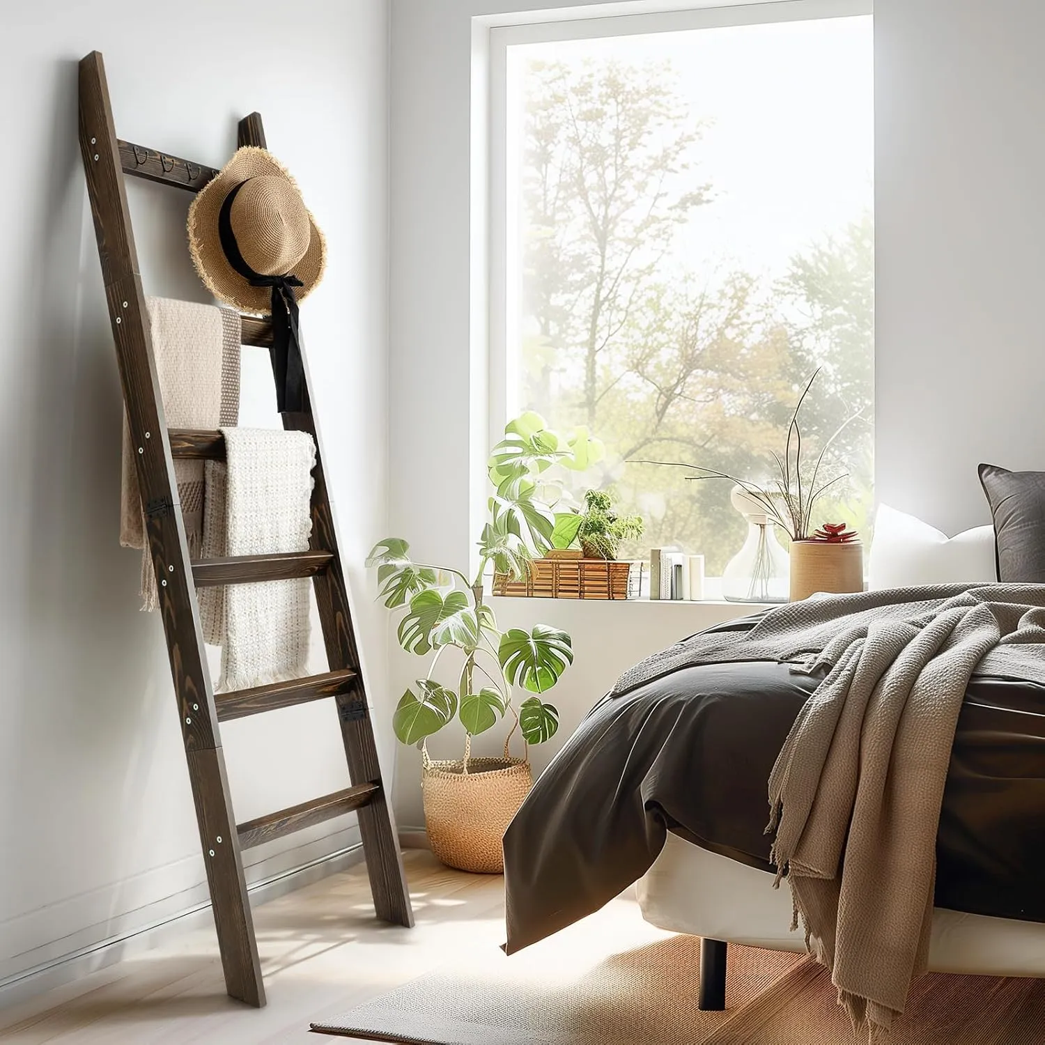 TEAKMAMA 6-Tier Blanket Ladder for Living Room and Bedroom,5.4 Ft Wall Leaning Quilt Rack with Hooks,Rustic Decorative Farmhouse Blanket Storage,Stylish Ladder Holder,Easy to Assemble,Rustic Brown