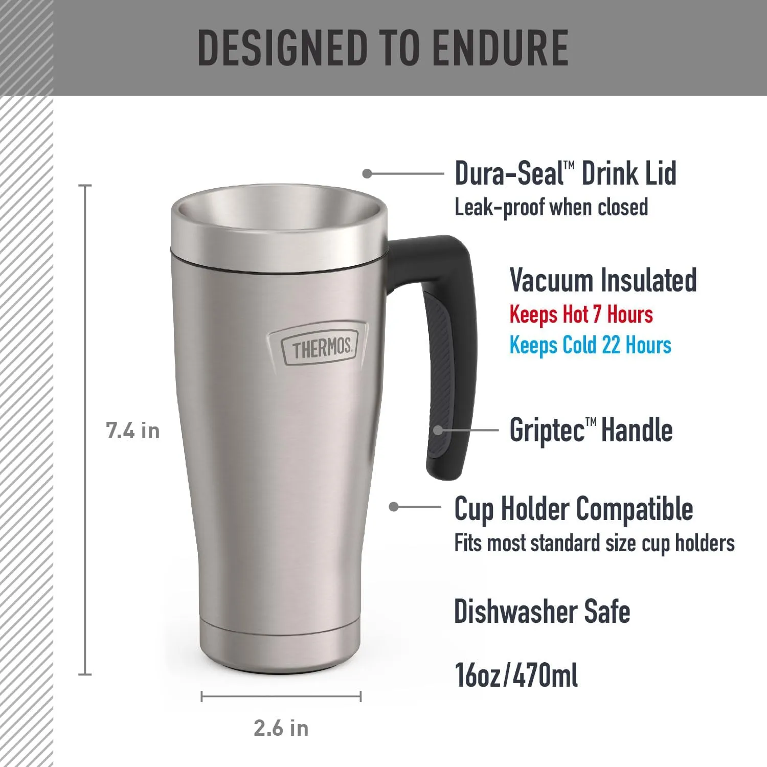 THERMOS ICON SERIES, Stainless Steel Mug, Matte Stainless Steel, 16 oz
