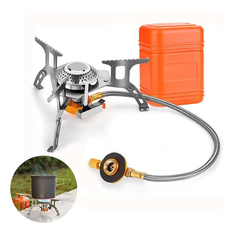 Three Head Foldable Gas Stove Mini Outdoor Windproof Gas Burner with Gas Tank Adapter