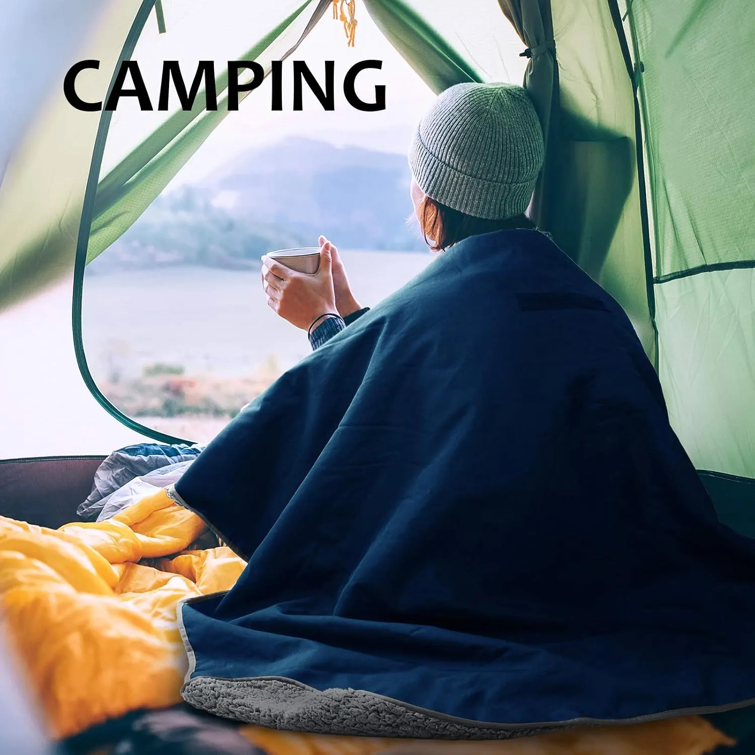 Tirrinia Outdoors Waterproof Camping Blanket,Sherpa Fleece Warm Windproof Soccer Stadium Blanket for Car Football Beach Concerts,51''X 59''