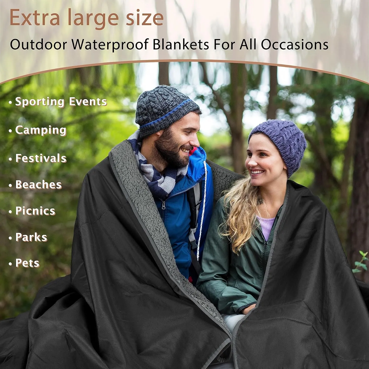 Tirrinia Waterproof Outdoor Blanket with Sherpa Lining, Windproof Triple Layers Warm Comfy Foldable for Camping Stadium, Beach, Picnic, Grass, Concerts, Car, Dog, 51''X 59'' & 59''X 80''