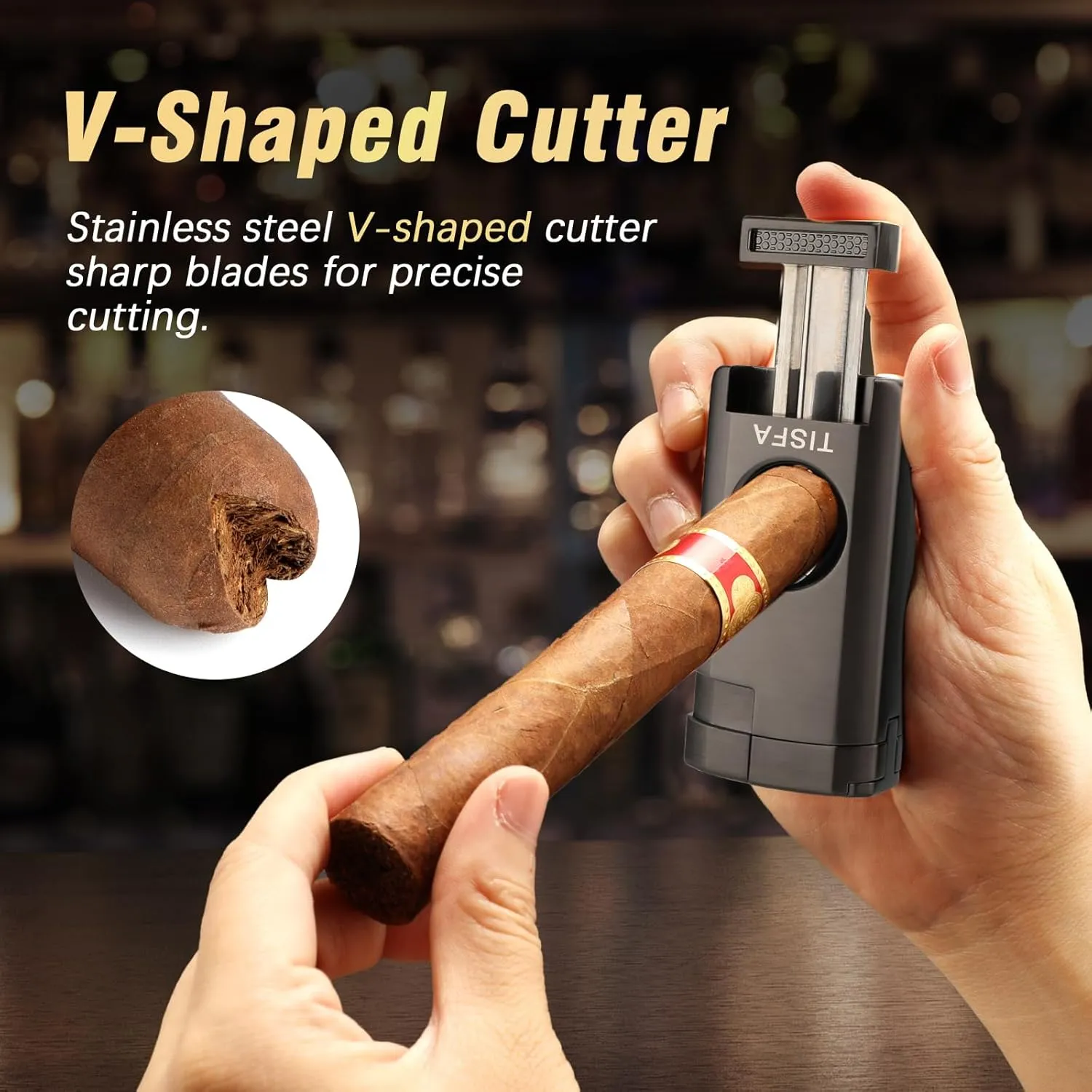 TISFA Cigar Humidor and Cigar Lighter Set, Portable Cigar Travel Case with Multifunctional Lighter, Includes Cigar V Cutter, Cigar Holder, Leather Humidor Cigar Box Cigar Gifts for Men (Stone Gray)