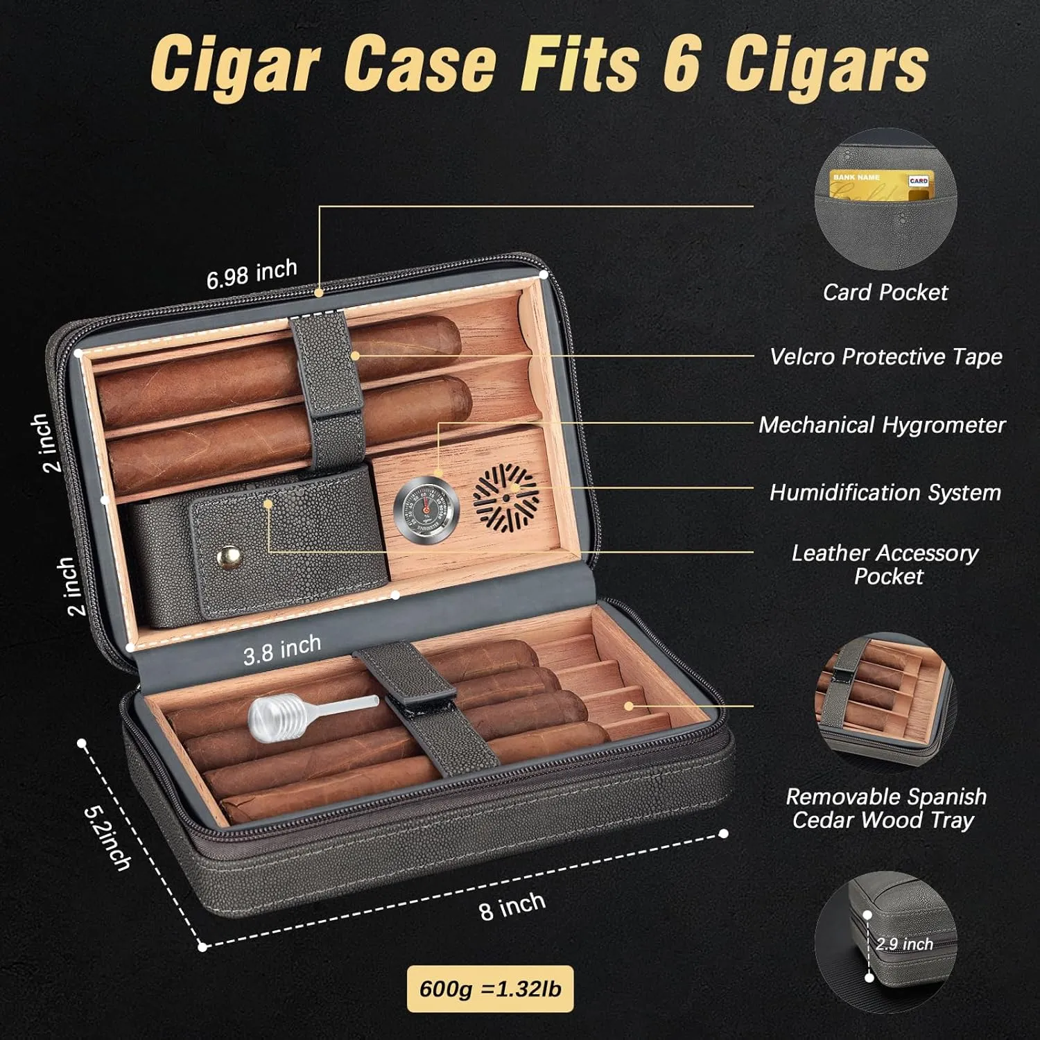 TISFA Cigar Humidor and Cigar Lighter Set, Portable Cigar Travel Case with Multifunctional Lighter, Includes Cigar V Cutter, Cigar Holder, Leather Humidor Cigar Box Cigar Gifts for Men (Stone Gray)