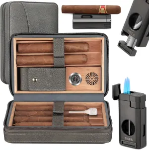 TISFA Cigar Humidor and Cigar Lighter Set, Portable Cigar Travel Case with Multifunctional Lighter, Includes Cigar V Cutter, Cigar Holder, Leather Humidor Cigar Box Cigar Gifts for Men (Stone Gray)