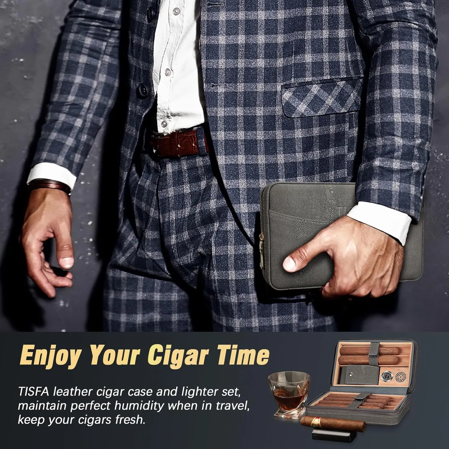 TISFA Cigar Humidor and Cigar Lighter Set, Portable Cigar Travel Case with Multifunctional Lighter, Includes Cigar V Cutter, Cigar Holder, Leather Humidor Cigar Box Cigar Gifts for Men (Stone Gray)