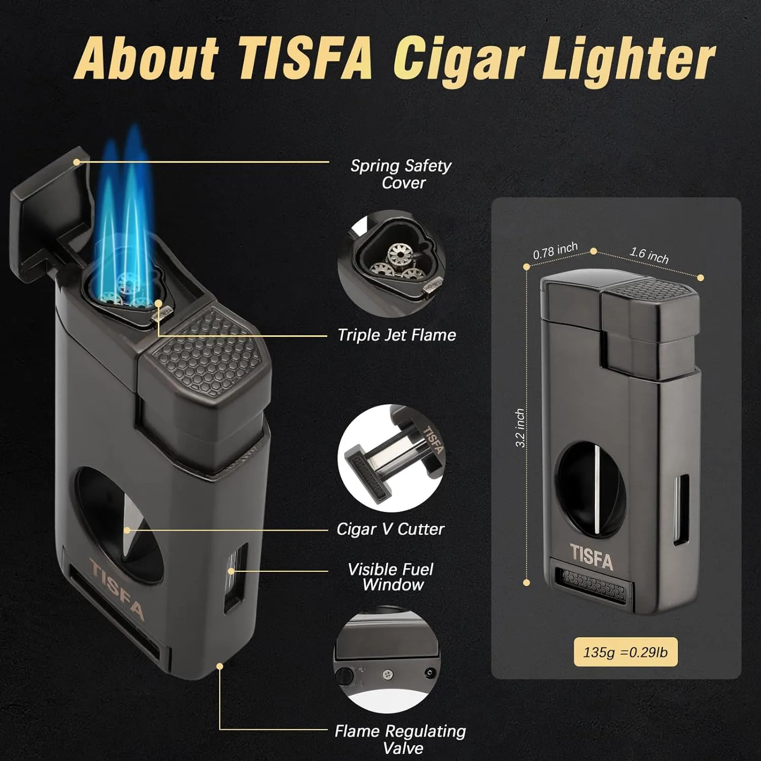 TISFA Cigar Humidor and Cigar Lighter Set, Portable Cigar Travel Case with Multifunctional Lighter, Includes Cigar V Cutter, Cigar Holder, Leather Humidor Cigar Box Cigar Gifts for Men (Stone Gray)