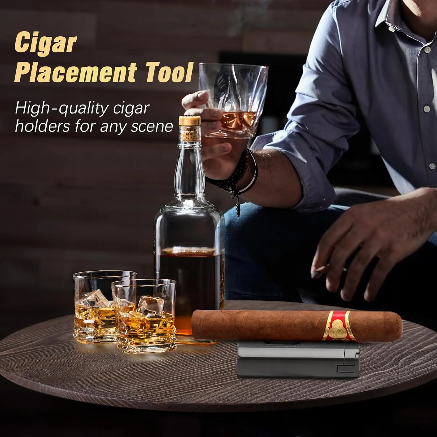 TISFA Cigar Humidor and Cigar Lighter Set, Portable Cigar Travel Case with Multifunctional Lighter, Includes Cigar V Cutter, Cigar Holder, Leather Humidor Cigar Box Cigar Gifts for Men (Stone Gray)