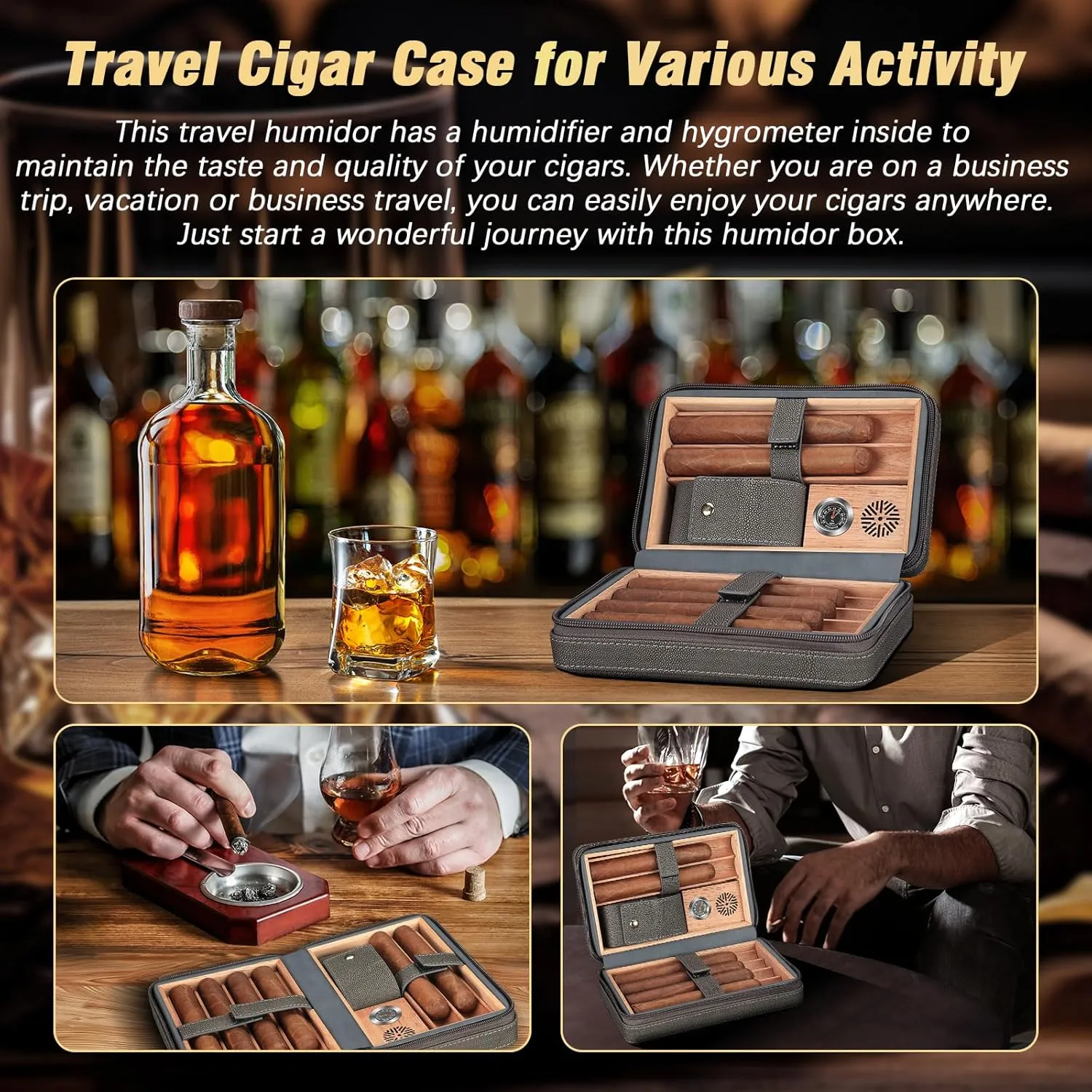 TISFA Cigar Humidor and Cigar Lighter Set, Portable Cigar Travel Case with Multifunctional Lighter, Includes Cigar V Cutter, Cigar Holder, Leather Humidor Cigar Box Cigar Gifts for Men (Stone Gray)